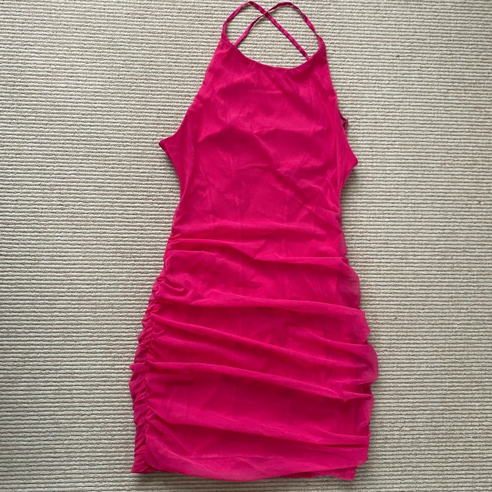 Oh Polly Hot Pink Mini Bodycon Party Dress Vannes High Neck Diamanté Back Size 6